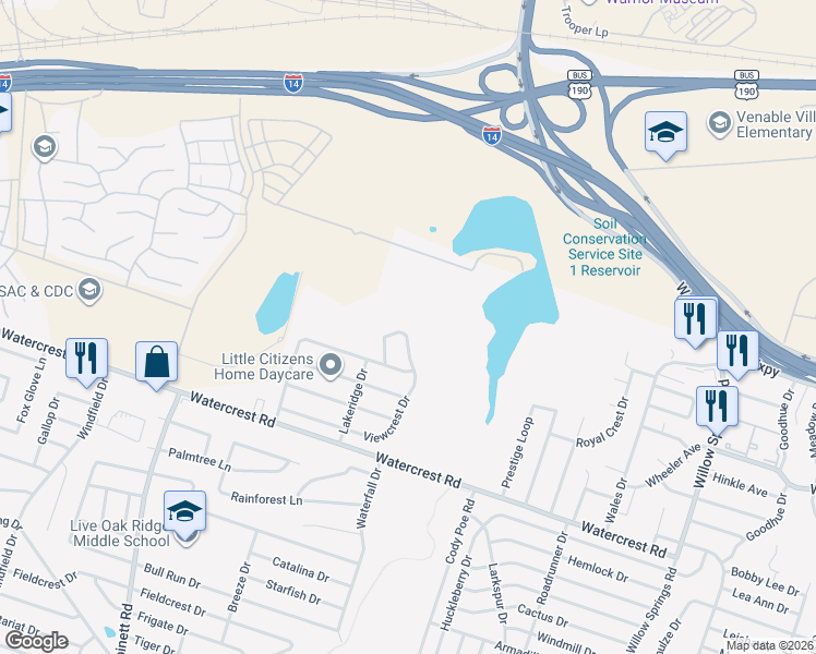 map of restaurants, bars, coffee shops, grocery stores, and more near 3104 Viewcrest Drive in Killeen
