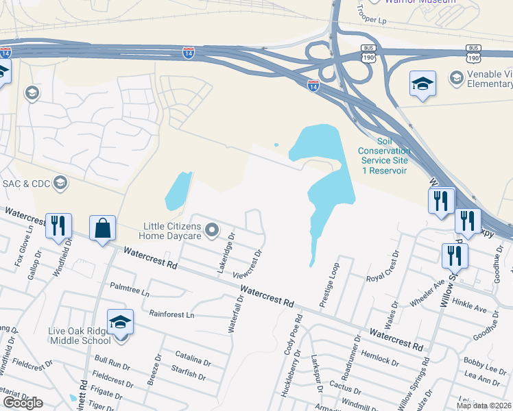 map of restaurants, bars, coffee shops, grocery stores, and more near 3102 Viewcrest Drive in Killeen