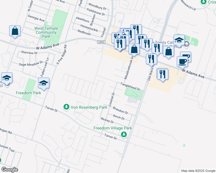 map of restaurants, bars, coffee shops, grocery stores, and more near 7321 Pappus Court in Temple