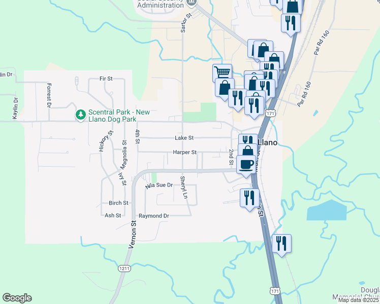 map of restaurants, bars, coffee shops, grocery stores, and more near 202 3rd Street in New Llano