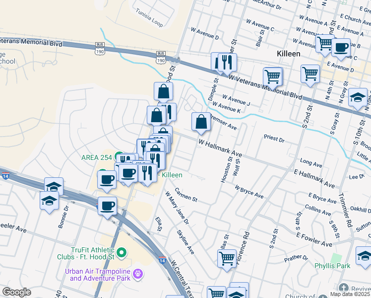 map of restaurants, bars, coffee shops, grocery stores, and more near 708 West Hallmark Avenue in Killeen