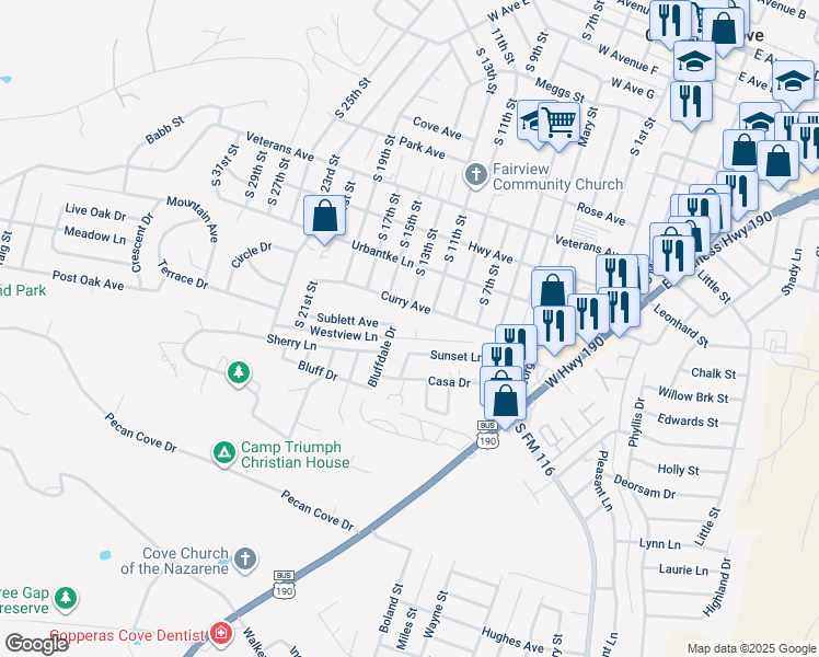 map of restaurants, bars, coffee shops, grocery stores, and more near 801 Curry Avenue in Copperas Cove