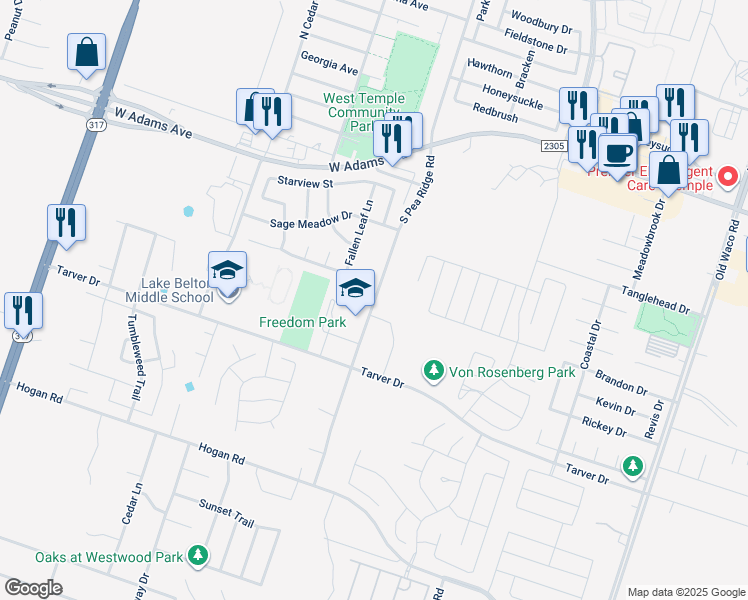 map of restaurants, bars, coffee shops, grocery stores, and more near 717 S Pea Ridge Rd in Temple