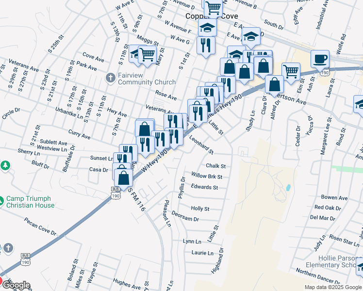 map of restaurants, bars, coffee shops, grocery stores, and more near 101 U.S. Highway 190 in Temple
