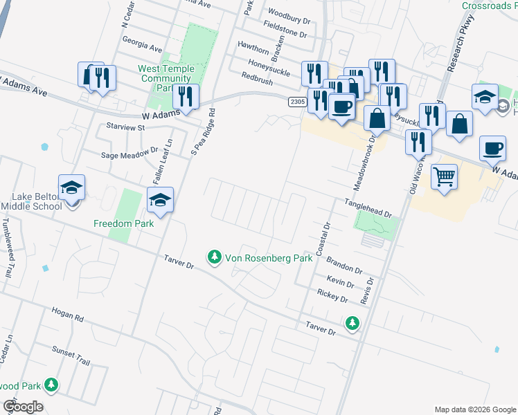 map of restaurants, bars, coffee shops, grocery stores, and more near 8015 West Adams Avenue in Temple