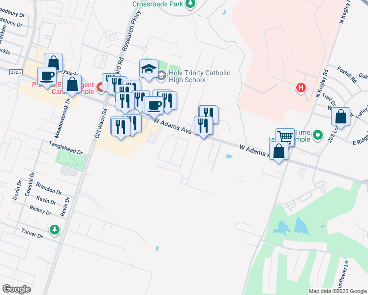 map of restaurants, bars, coffee shops, grocery stores, and more near 103 Penrose Lane in Temple