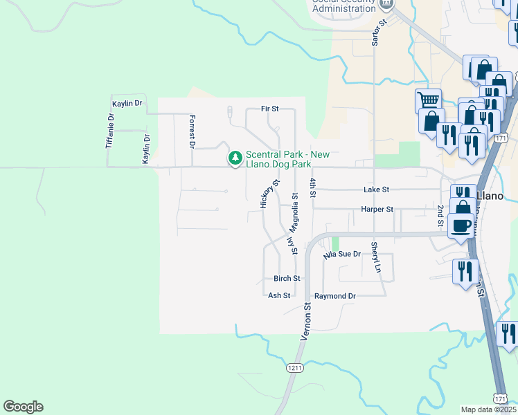 map of restaurants, bars, coffee shops, grocery stores, and more near 403 Hickory Street in New Llano