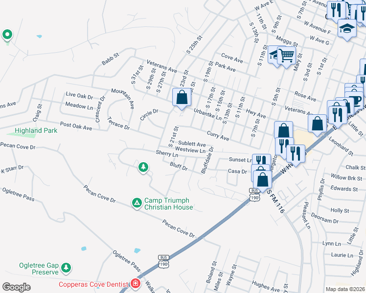 map of restaurants, bars, coffee shops, grocery stores, and more near 1207 Sublett Avenue in Copperas Cove