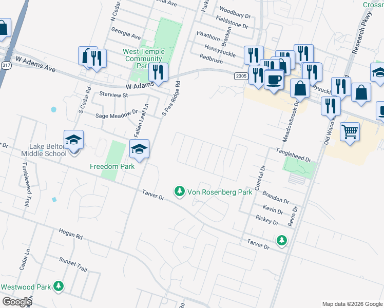 map of restaurants, bars, coffee shops, grocery stores, and more near 704 Copper Ridge Loop in Temple