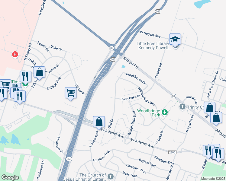map of restaurants, bars, coffee shops, grocery stores, and more near 500 Olaf Drive in Temple