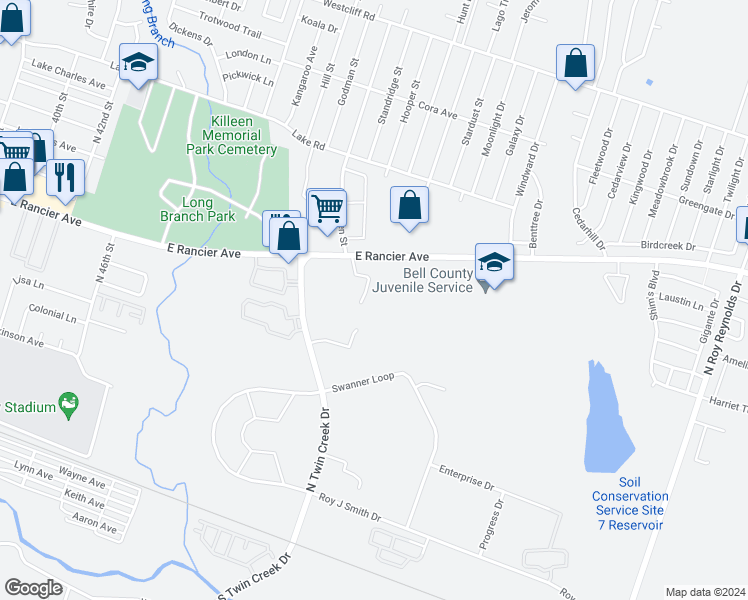 map of restaurants, bars, coffee shops, grocery stores, and more near 1006 Eastside Drive in Killeen