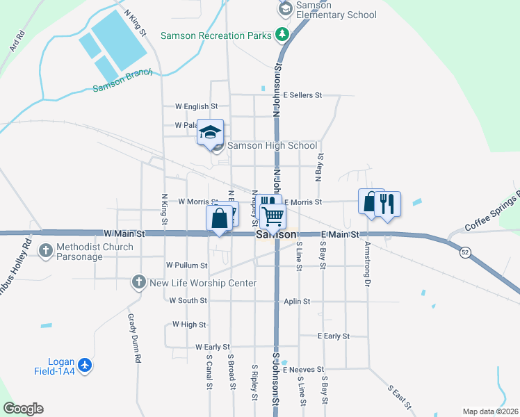 map of restaurants, bars, coffee shops, grocery stores, and more near 98 East Morris Street in Samson