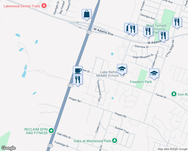 map of restaurants, bars, coffee shops, grocery stores, and more near 9124 Lonesome Oak Drive in Temple