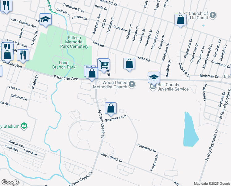 map of restaurants, bars, coffee shops, grocery stores, and more near 1006 Eastside Drive in Killeen