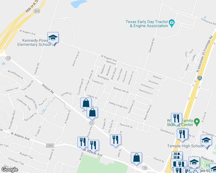 map of restaurants, bars, coffee shops, grocery stores, and more near 1001 Brandywine Drive in Temple