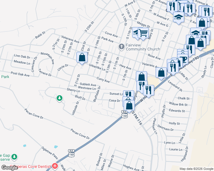 map of restaurants, bars, coffee shops, grocery stores, and more near 801 Curry Avenue in Copperas Cove