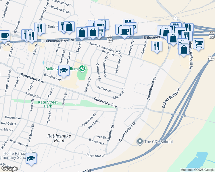 map of restaurants, bars, coffee shops, grocery stores, and more near 418 Carothers Street in Copperas Cove