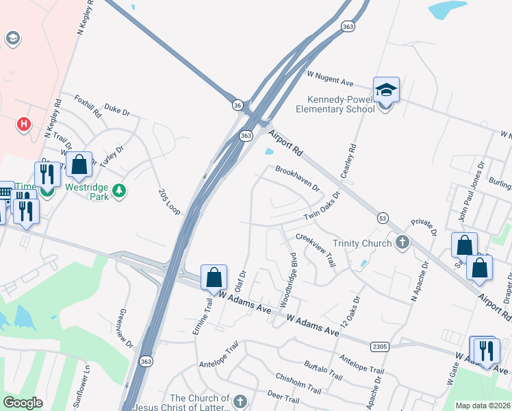 map of restaurants, bars, coffee shops, grocery stores, and more near 607 Olaf Drive in Temple