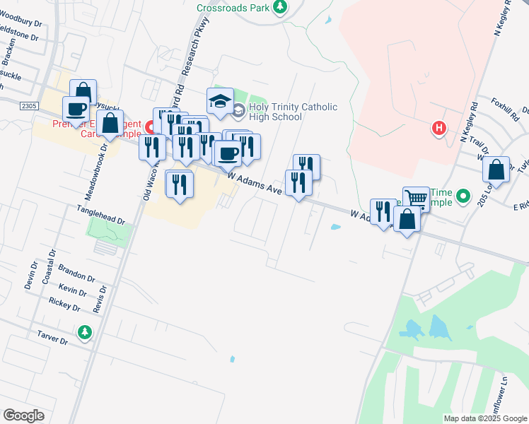 map of restaurants, bars, coffee shops, grocery stores, and more near 103 Penrose Ln in Temple