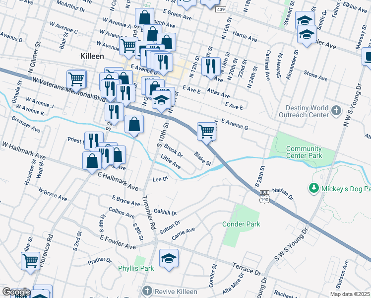 map of restaurants, bars, coffee shops, grocery stores, and more near 606 Blake Street in Killeen