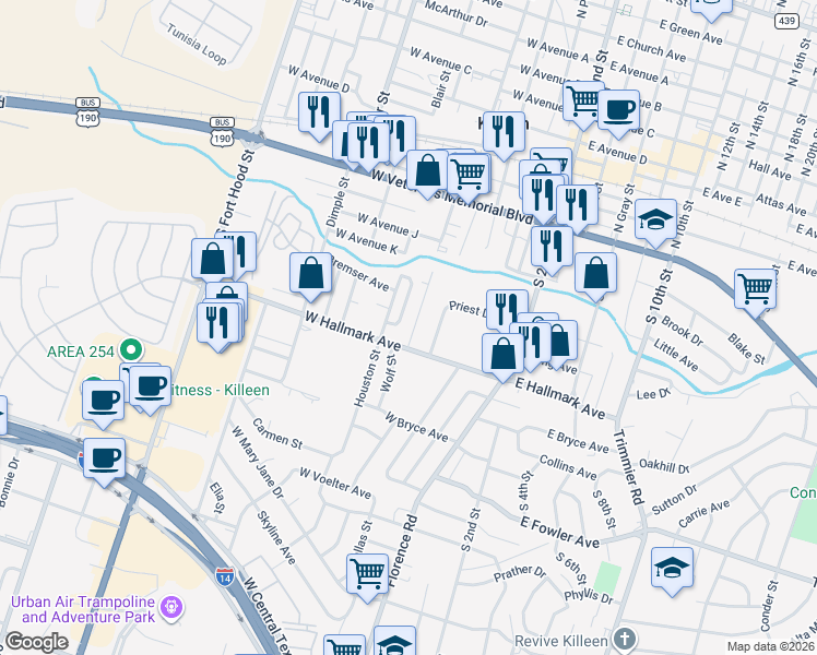 map of restaurants, bars, coffee shops, grocery stores, and more near 605 Wolf Street in Killeen