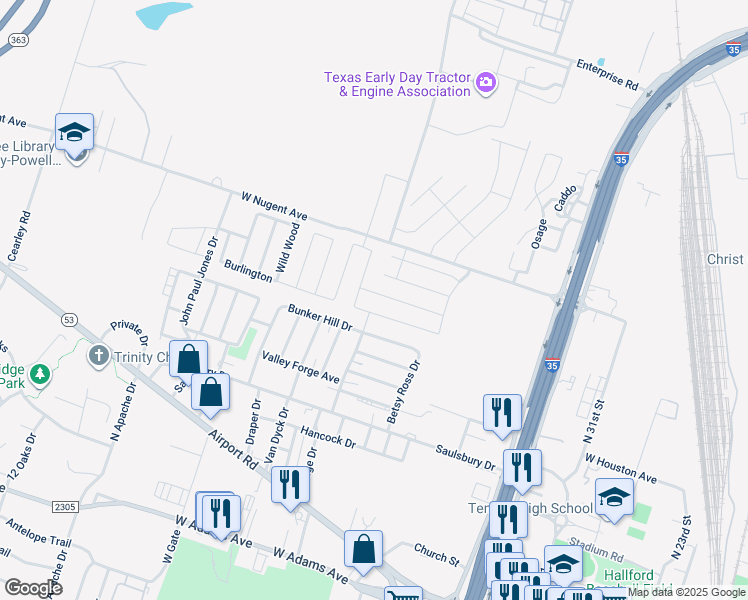 map of restaurants, bars, coffee shops, grocery stores, and more near 2501 Vicksburg Lane in Temple