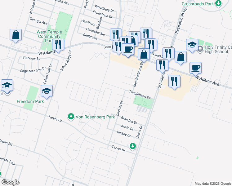 map of restaurants, bars, coffee shops, grocery stores, and more near 7322 Pappus Court in Temple