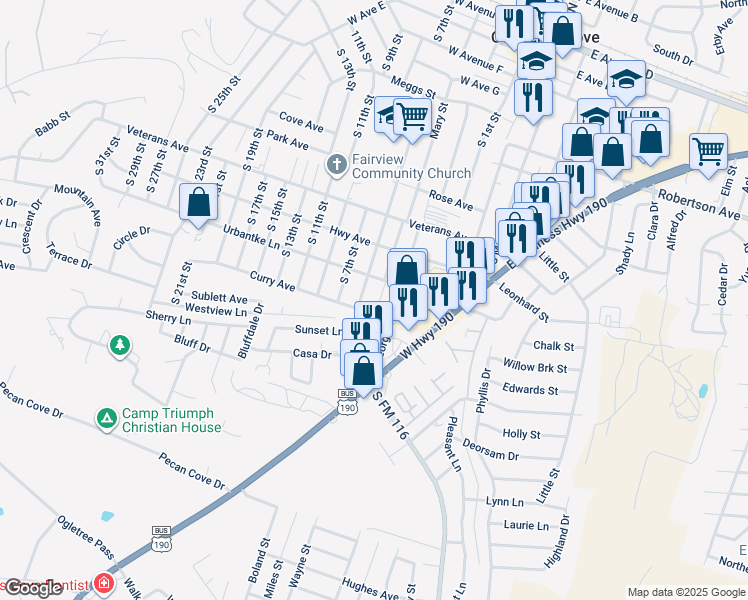 map of restaurants, bars, coffee shops, grocery stores, and more near 1210 South 5th Street in Copperas Cove