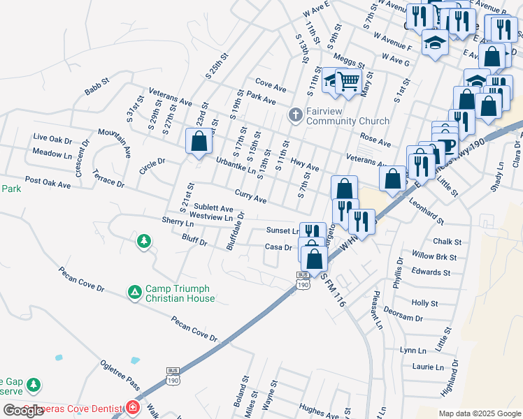 map of restaurants, bars, coffee shops, grocery stores, and more near 801 Curry Avenue in Copperas Cove
