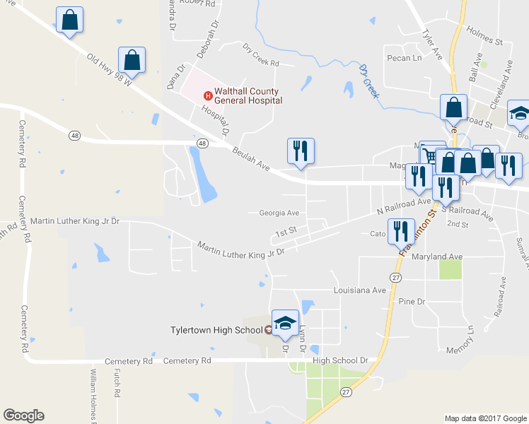 map of restaurants, bars, coffee shops, grocery stores, and more near 1501 Georgia Avenue in Tylertown