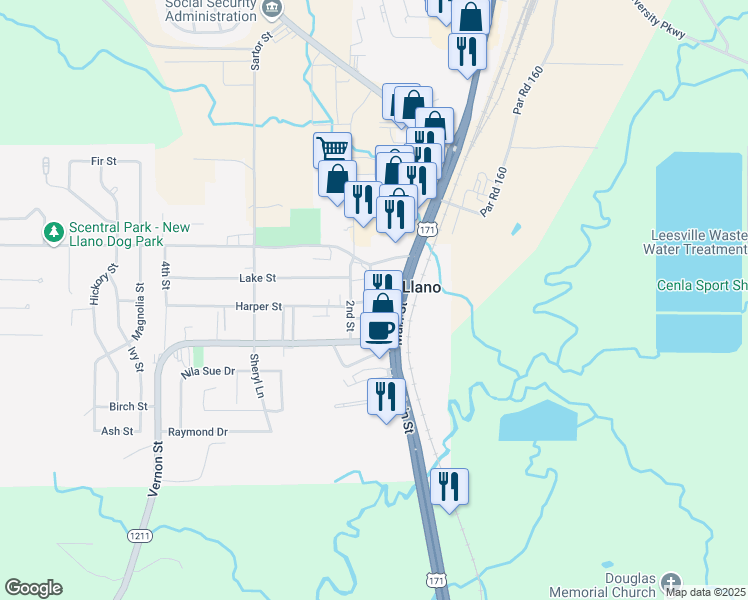map of restaurants, bars, coffee shops, grocery stores, and more near 104 Lake Street in Newllano