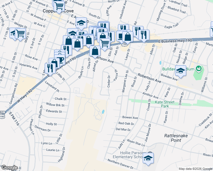 map of restaurants, bars, coffee shops, grocery stores, and more near 614 Cedar Drive in Copperas Cove