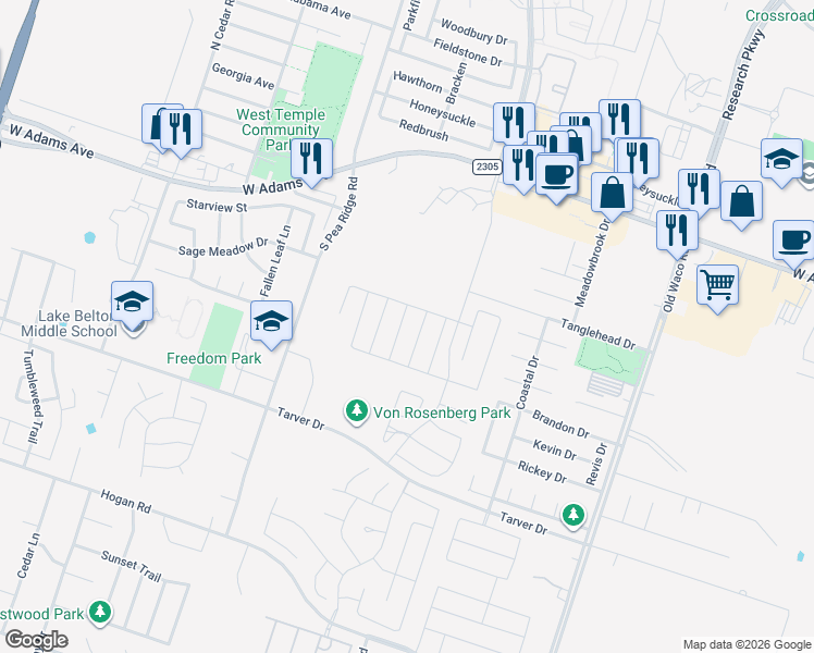 map of restaurants, bars, coffee shops, grocery stores, and more near 704 Copper Ridge Loop in Temple