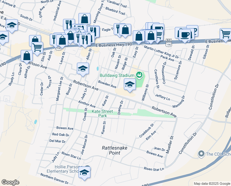 map of restaurants, bars, coffee shops, grocery stores, and more near 1107 Robertson Avenue in Copperas Cove
