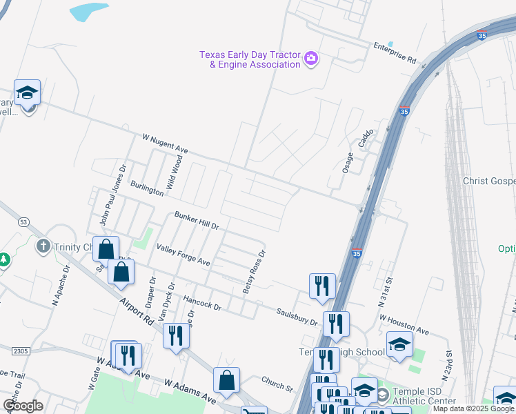map of restaurants, bars, coffee shops, grocery stores, and more near 2320 Vicksburg Lane in Temple