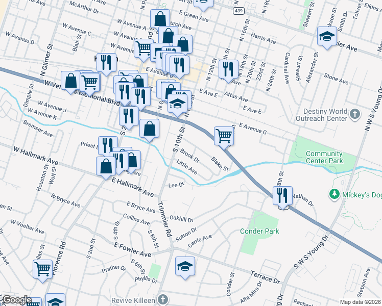 map of restaurants, bars, coffee shops, grocery stores, and more near 509 Brook Drive in Killeen