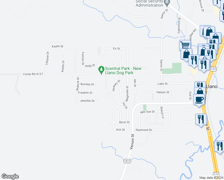 map of restaurants, bars, coffee shops, grocery stores, and more near 403 Hickory Street in New Llano