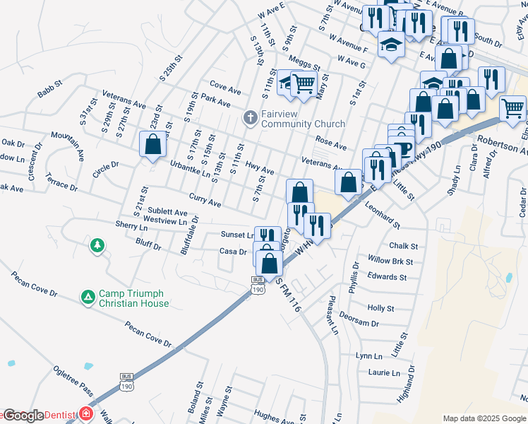 map of restaurants, bars, coffee shops, grocery stores, and more near 1210 South 5th Street in Copperas Cove