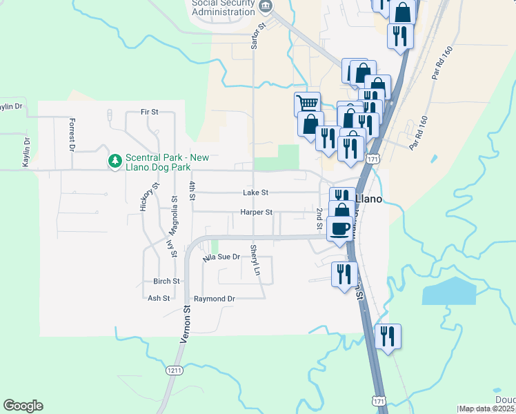 map of restaurants, bars, coffee shops, grocery stores, and more near 202 3rd Street in New Llano