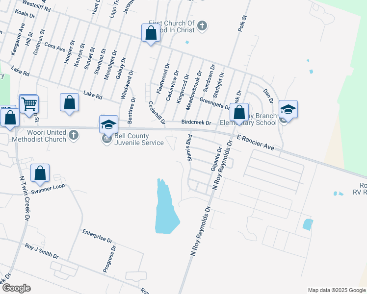 map of restaurants, bars, coffee shops, grocery stores, and more near 1516 Shim's Boulevard in Killeen