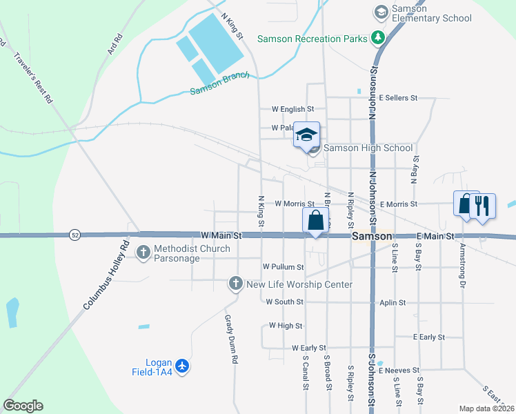 map of restaurants, bars, coffee shops, grocery stores, and more near 300 West Morris Street in Samson