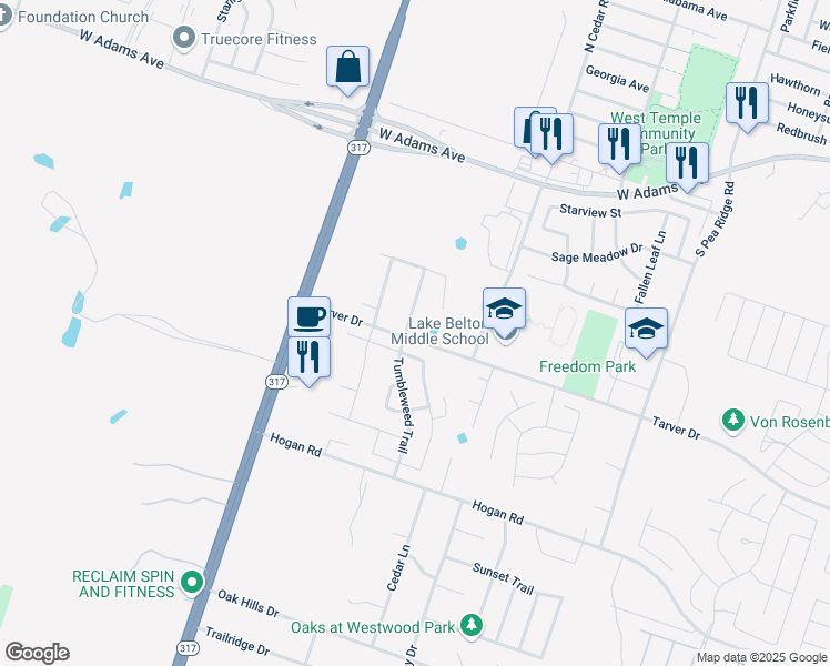 map of restaurants, bars, coffee shops, grocery stores, and more near 825 Tumbleweed Trail in Temple