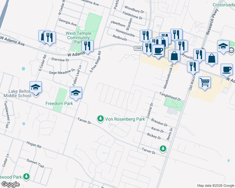 map of restaurants, bars, coffee shops, grocery stores, and more near 8015 West Adams Avenue in Temple