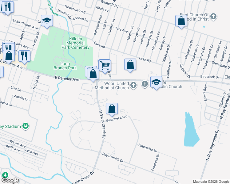 map of restaurants, bars, coffee shops, grocery stores, and more near 1006 Eastside Drive in Killeen