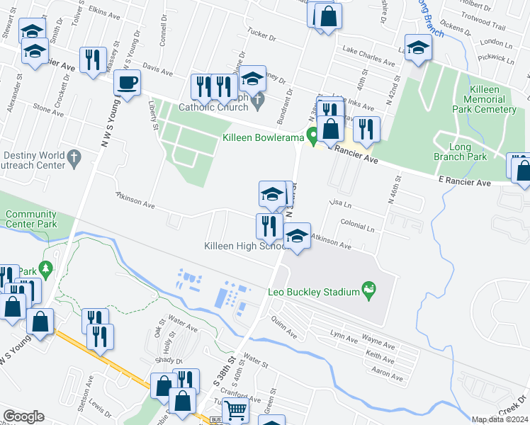 map of restaurants, bars, coffee shops, grocery stores, and more near 3107 Atkinson Avenue in Killeen