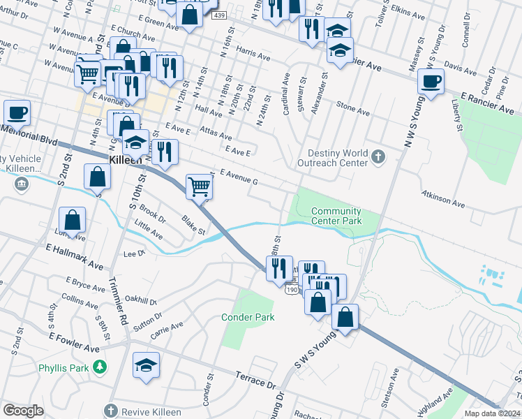 map of restaurants, bars, coffee shops, grocery stores, and more near 111 South 28th Street in Killeen