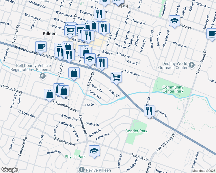 map of restaurants, bars, coffee shops, grocery stores, and more near 606 Blake Street in Killeen