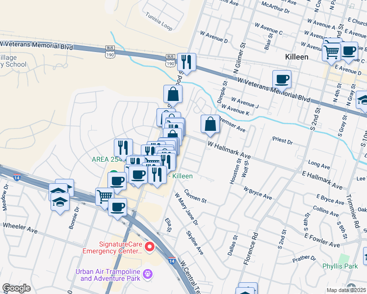 map of restaurants, bars, coffee shops, grocery stores, and more near 705 Santa Rosa Drive in Killeen