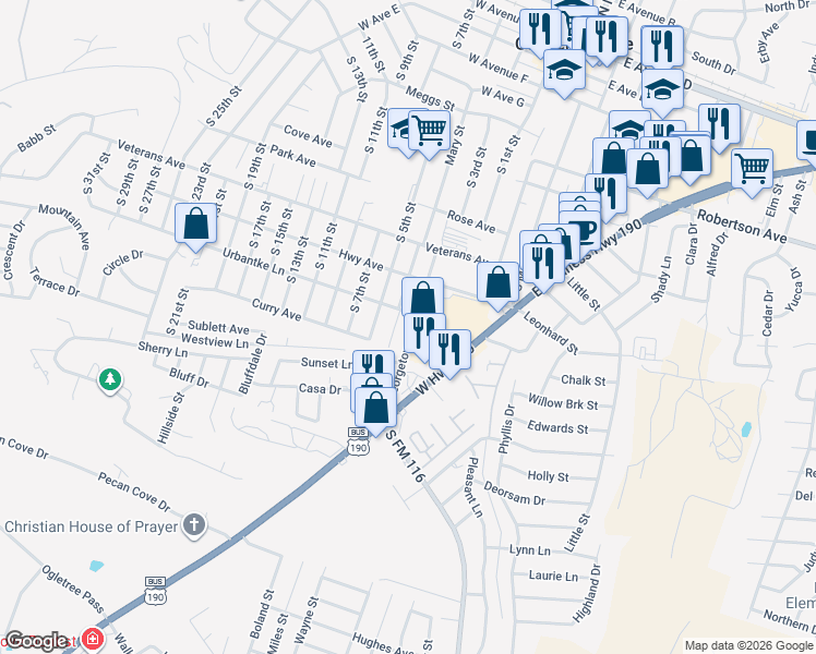 map of restaurants, bars, coffee shops, grocery stores, and more near 448 Town Square in Copperas Cove
