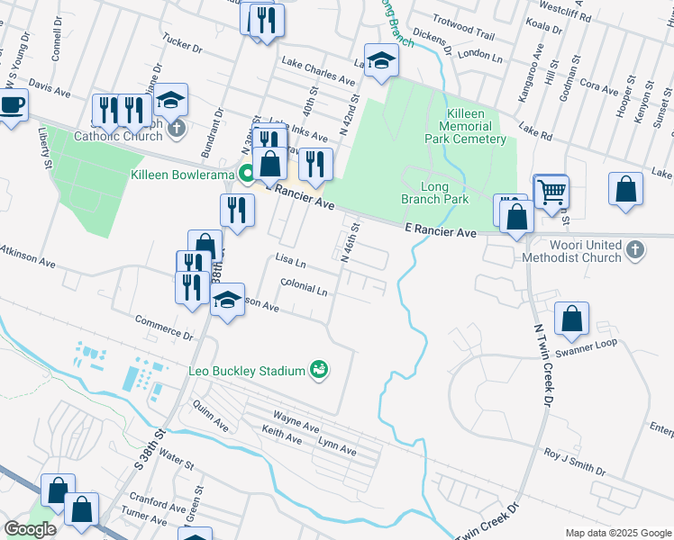 map of restaurants, bars, coffee shops, grocery stores, and more near 811 Lisa Lane in Killeen